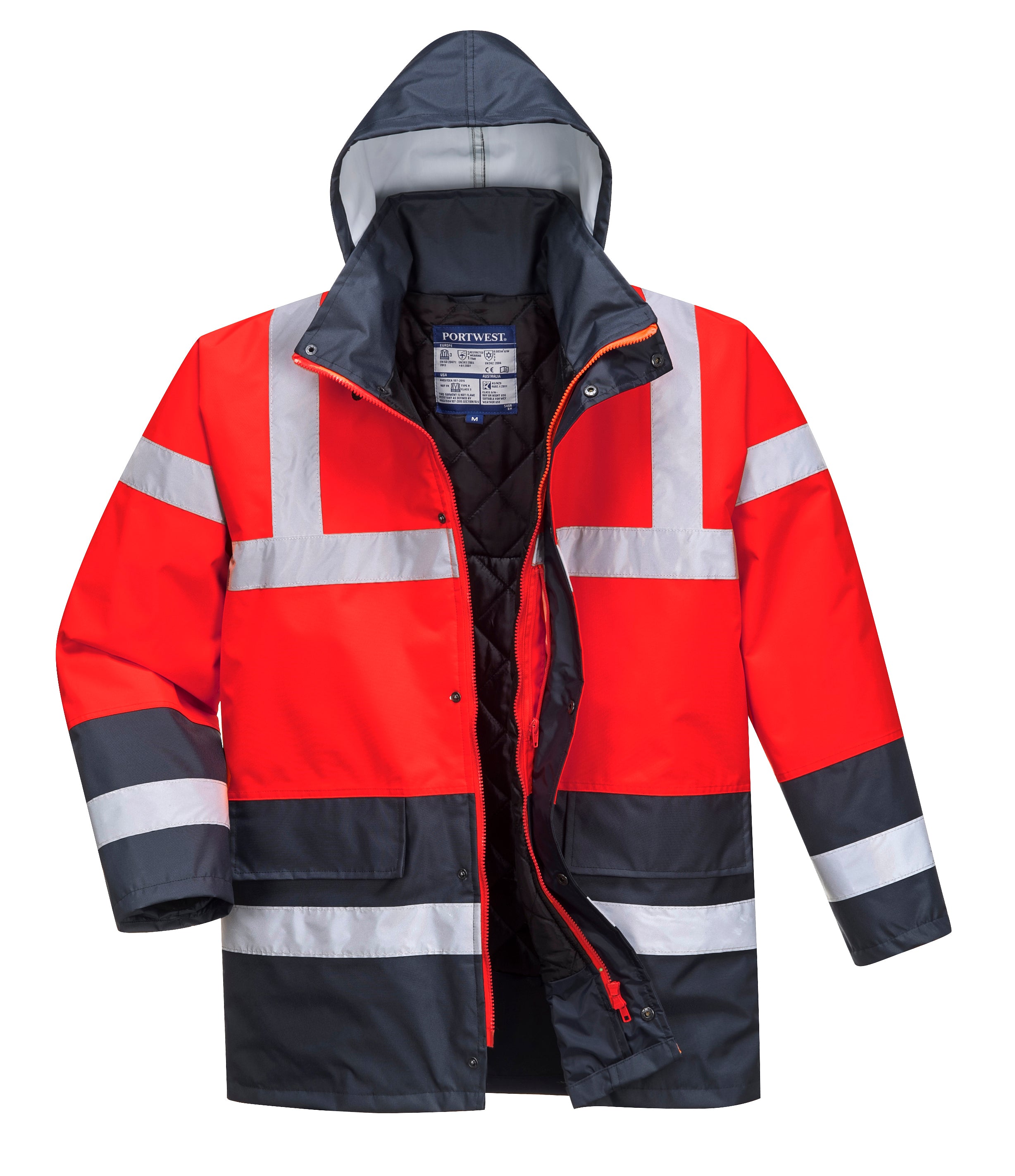 Portwest S466 Hi-Vis Contrast Winter Traffic Jacket Red Navy